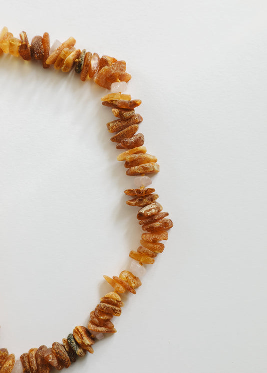 Raw Baltic Amber & Rose Quartz Pet Necklace – Natural Handmade Gemstone Collar