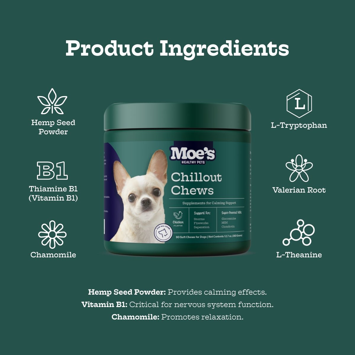 Moe's Chillout Chews – Calming Dog Supplement | Hemp, Chamomile & L-Theanine